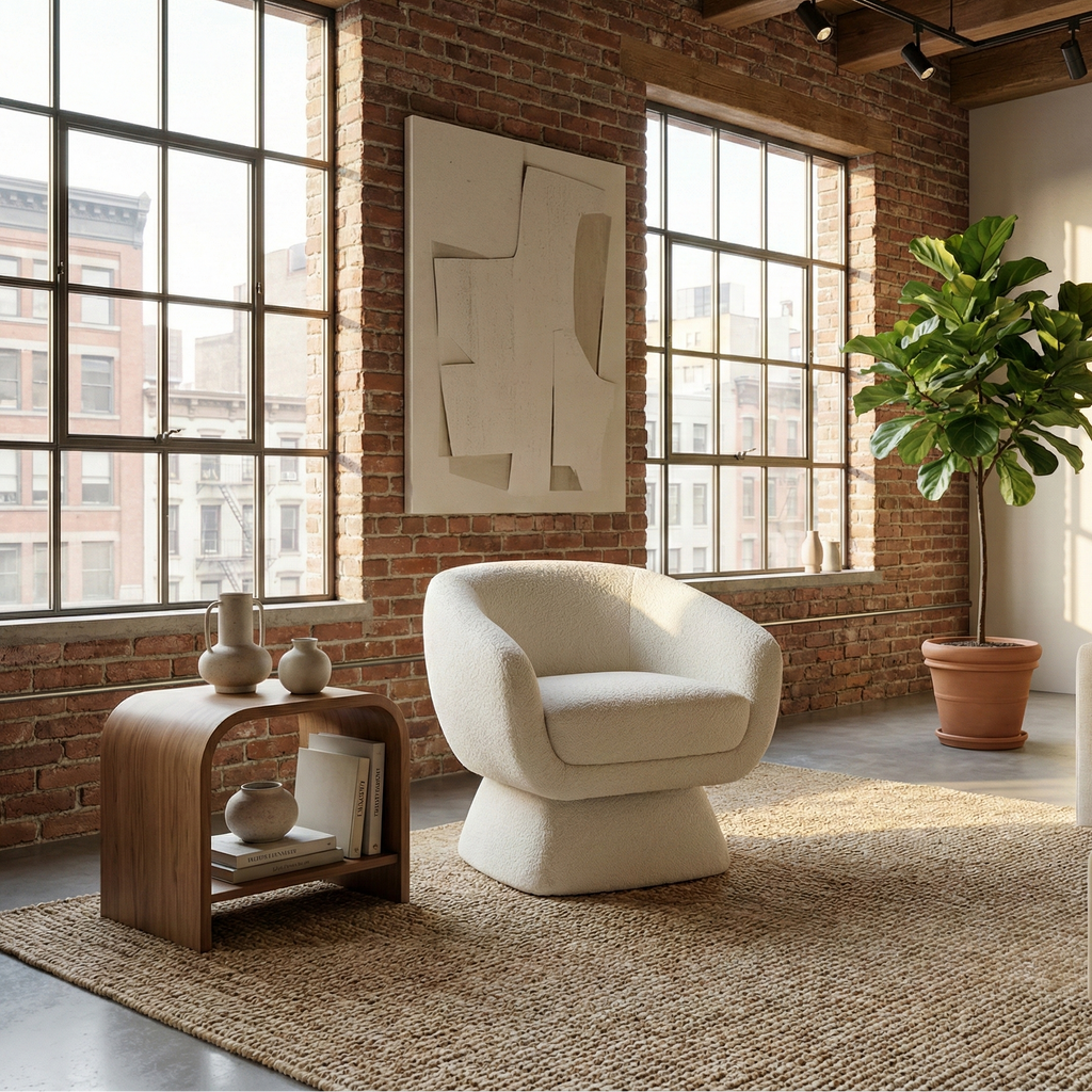 White Boucle Barrel Swivel Chair