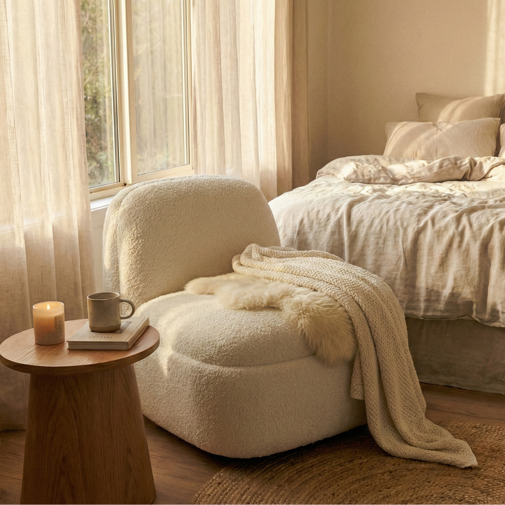 White Boucle Swivel Chair