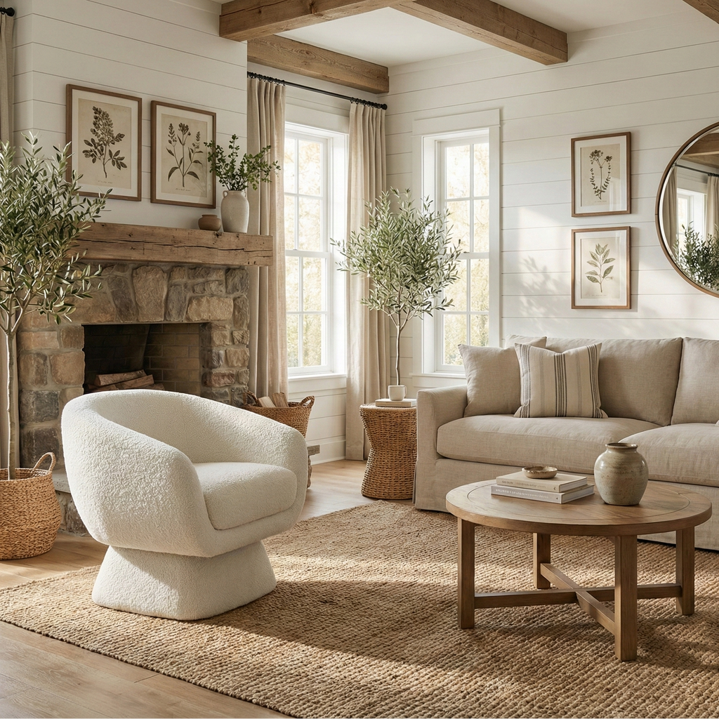 White Boucle Barrel Swivel Chair